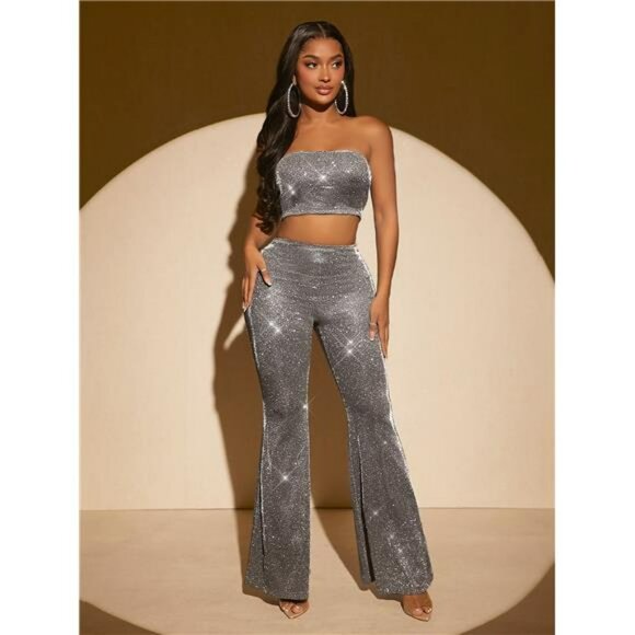 SXY Glitter Crop Tube Top & Flare Leg Pants - Picture 4 of 5